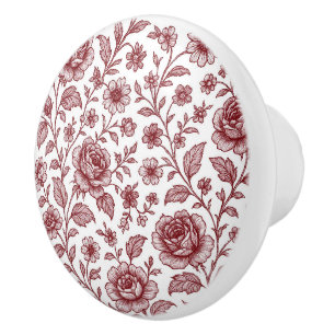 Dark Red Vintage Rose Pattern Ceramic Knob