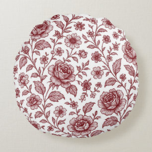 Dark Red Vintage Rose Pattern Round Cushion