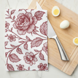 Dark Red Vintage Rose Pattern  Tea Towel