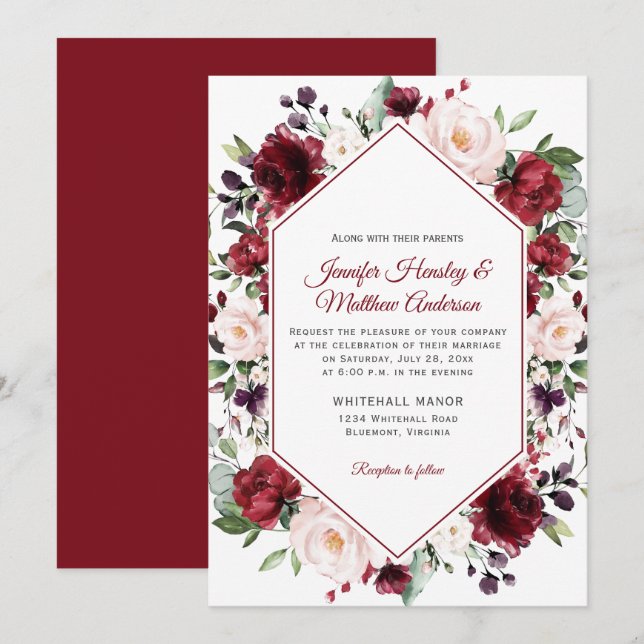 Dark Red Watercolor Floral Frame Winter Wedding Invitation (Front/Back)