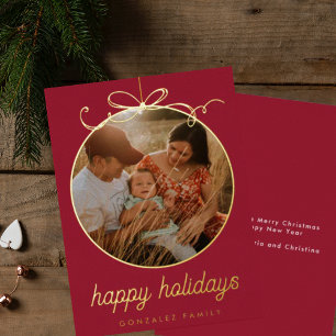 Dark Red Whimsical Ornament & Bow Photo Foil Holiday Card