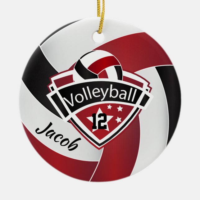 Dark Red, White and Black Volleyball Ceramic Tree Decoration (Front)