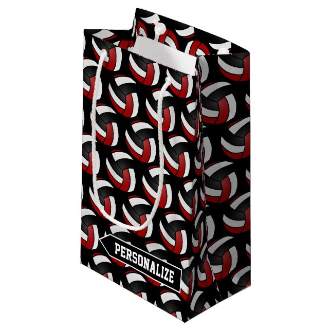 Dark Red, White and Black Volleyball - Personalise Small Gift Bag (Front Angled)