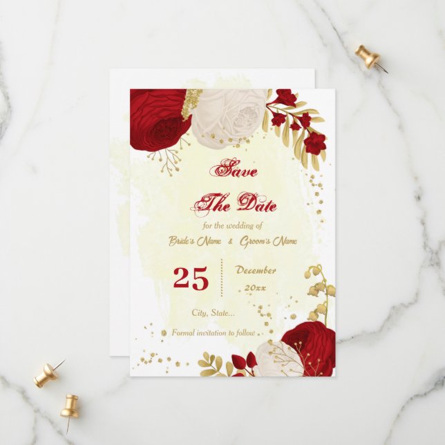 dark red & white flowers gold botanical  save the date (Front/Back In Situ)