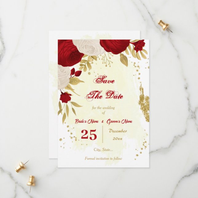 dark red & white flowers gold botanical save the date (Front/Back In Situ)