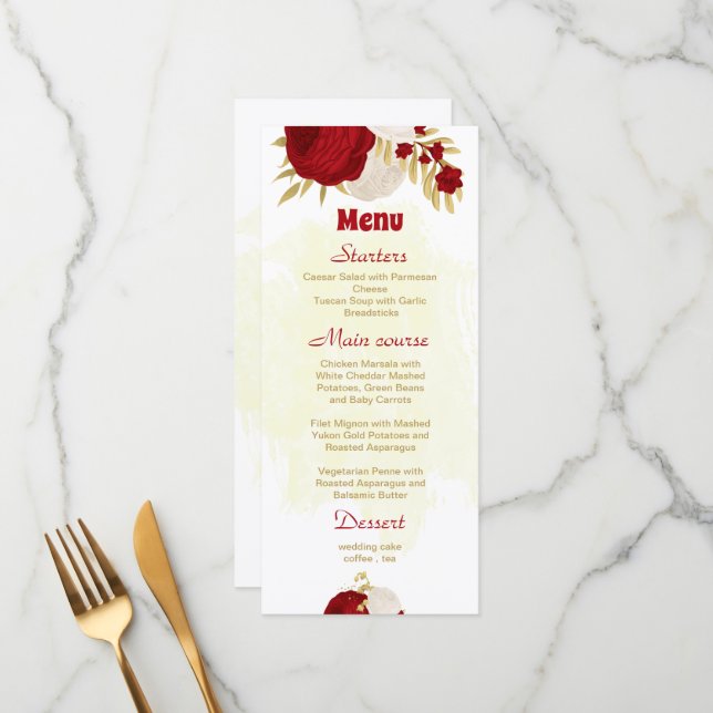 dark red & white flowers gold botanical wedding menu (Front/Back In Situ)