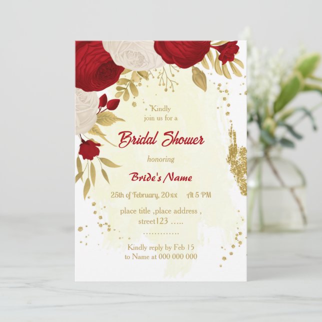 dark red & white flowers gold bridal shower invitation (Standing Front)