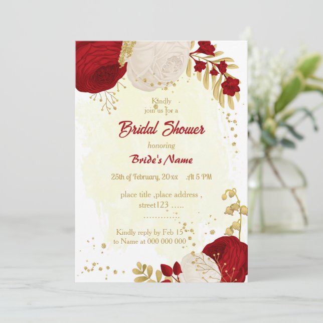 dark red & white flowers gold bridal shower invitation (Standing Front)