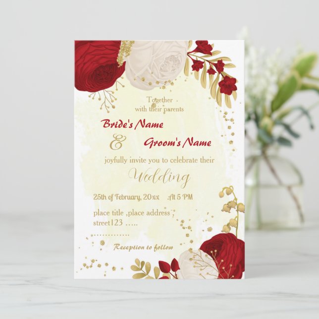 dark red & white flowers gold wedding invitation (Standing Front)