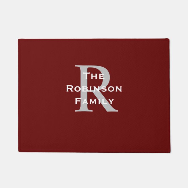 Dark Red White Grey Name Monogrammed  Doormat (Front)