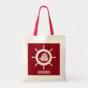 Dark Red & White Nautical Boat Wheel Tote Bag