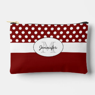 Dark red White polka dots retro pattern Monogram Accessory Pouch