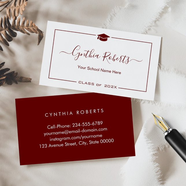 Dark Red White Script Graduation Standard Business Card (Creator Uploaded)