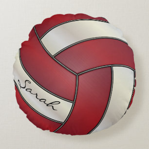 Dark Red & White Sport Volleyball   DIY Name Round Cushion