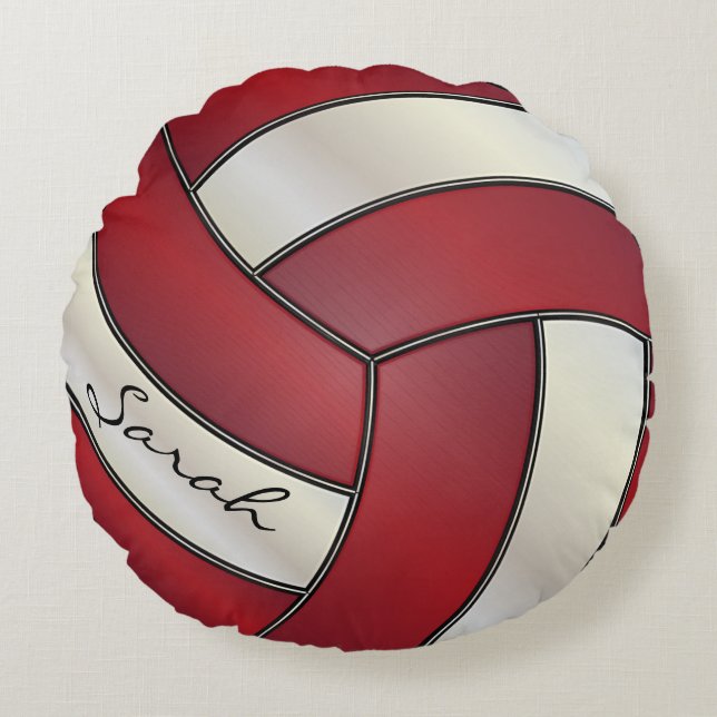 Dark Red & White Sport Volleyball | DIY Name Round Cushion (Front)