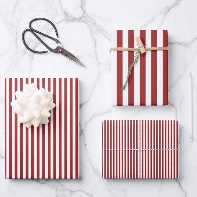 Dark Red & White Stripes Wrapping Paper Sheet (Front)