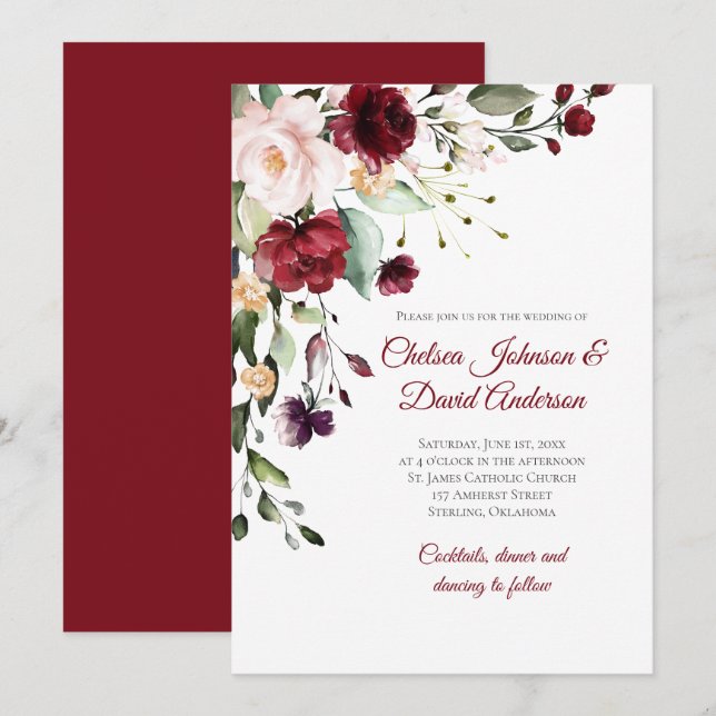Dark Red Winter Floral Wedding Invitation (Front/Back)