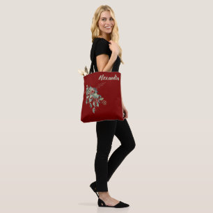 Dark Red with Watercolor Leaves & Berries Named  Tote Bag