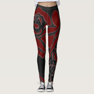 Dark Red woodcut rose on a black background Leggings