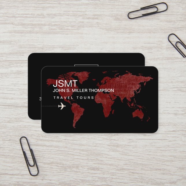 Dark Red World Map Travel Tours Business Card (Front/Back In Situ)