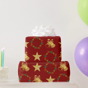 Dark Red Wrapping Paper w Gold Bells, Stars Wreath
