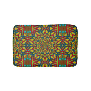 Dark Red Yellow Turquoise Geometric Pattern Ethnic Bath Mat