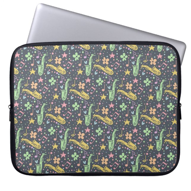 Dark Retro Saxophone Pattern Laptop Sleeve (Front)