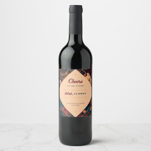 Dark Rich Floral Theme Bridal Shower Wine Label (Front)