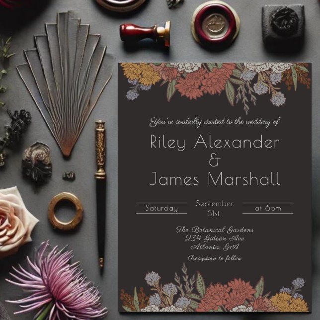 Dark Romance Art Nouveau Floral Bouquet Wedding Invitation (Creator Uploaded)