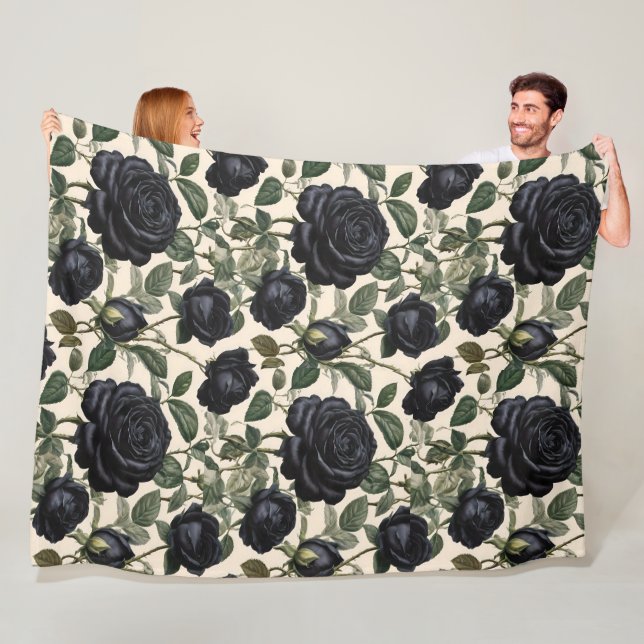 **"Dark Romance: Black Vintage Provincial Roses"** Fleece Blanket (In Situ)