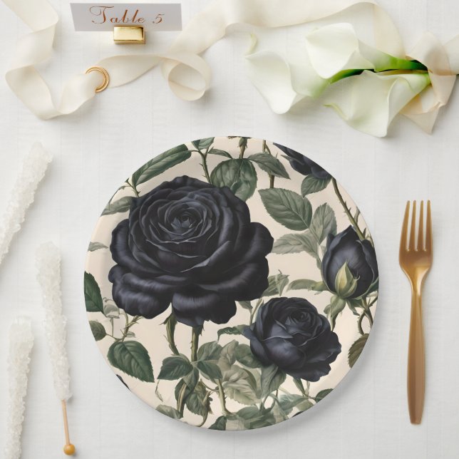 **"Dark Romance: Black Vintage Provincial Roses"** Paper Plate (Wedding)