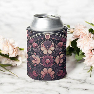 Dark Romance Burgundy Art Deco Floral Summer Can Cooler