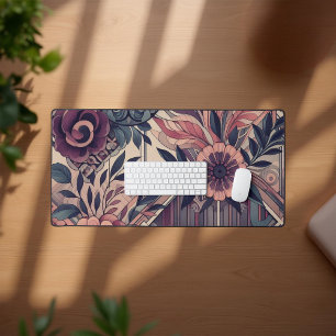 Dark Romance Burgundy Art Deco Floral Summer  Desk Mat