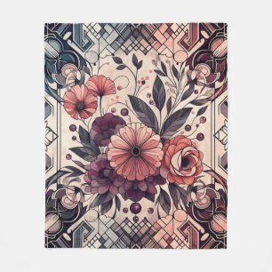 Dark Romance Burgundy Art Deco Floral  Summer  Fleece Blanket