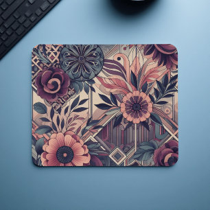 Dark Romance Burgundy Art Deco Floral Summer  Mouse Mat