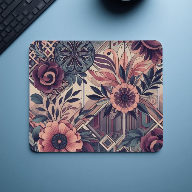 Dark Romance Burgundy Art Deco Floral Summer  Mouse Mat (Creator Uploaded)
