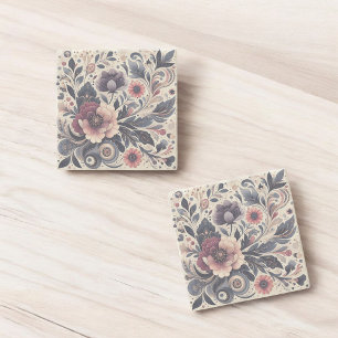 Dark Romance Burgundy Art Deco Floral Summer Stone Coaster