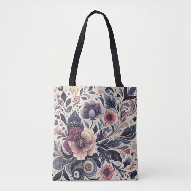 Dark Romance Burgundy Art Deco Floral Summer  Tote Bag (Front)