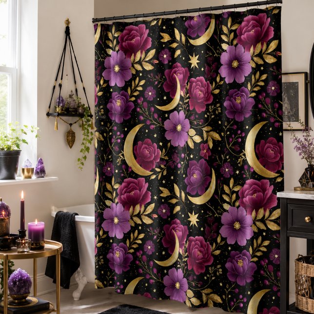 Dark Romance Celestial Moon Purple Gold Shower Curtain (Creator Uploaded)