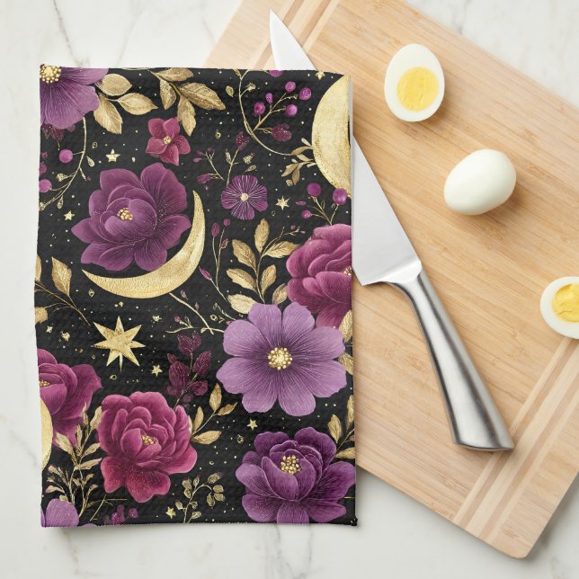Dark Romance Celestial Moon Purple Gold Tea Towel (Quarter Fold)