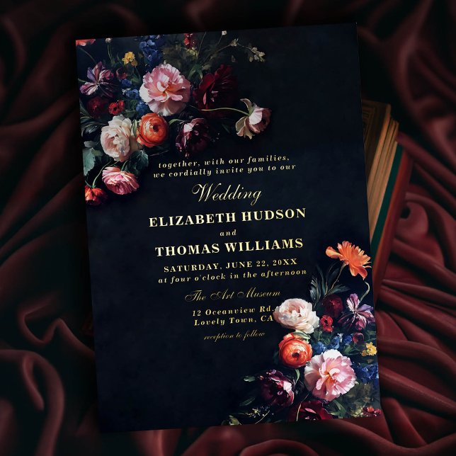Dark Romance Fairytale Moody Floral Frame Wedding (dark romantic wedding invitation fairytale romance black navy dutch floral frame painting gold foil)
