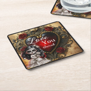 Dark Romance Sugar Skulls_Wifey Square Paper Coaster