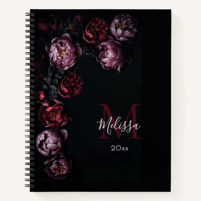 Dark Romantic 3D Flowers Black Monogram Notebook (Front)