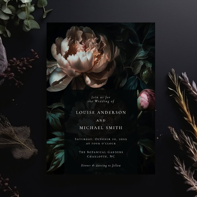 Dark Romantic Black Peony Floral Wedding Invitation (Creator Uploaded)