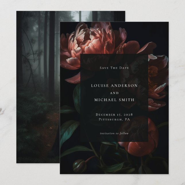 Dark Romantic Black Peony Floral Wedding Photo Save The Date (Front/Back)