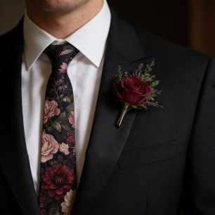 Dark Romantic Burgundy & Dusty Rose Black Floral Tie