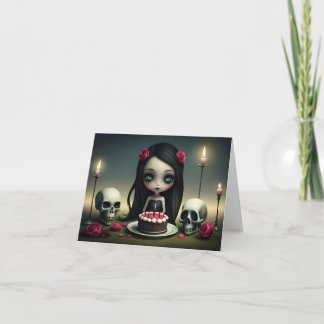 Dark romantic cute goth girl with birthday cake  card