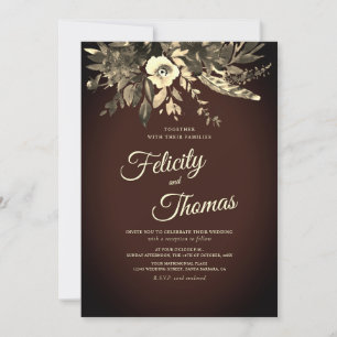 Dark Romantic Fall Floral Aged Brown Wedding Invitation
