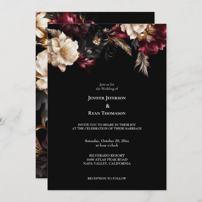 Dark Romantic Floral Gothic wedding invitation (Front/Back)