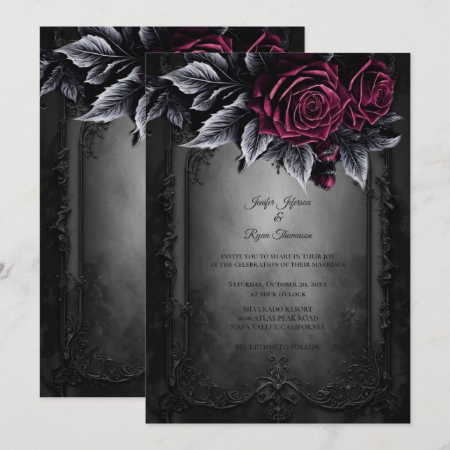 Dark Romantic Floral Gothic wedding invitation (Front/Back)